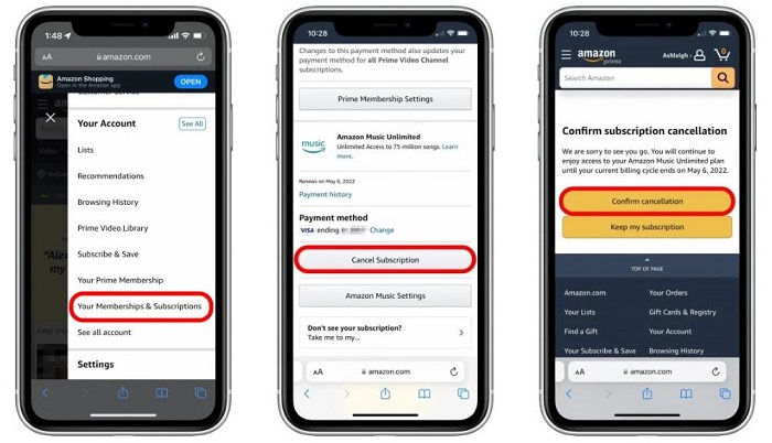 Cancel your Amazon Music Unlimited subscription on iPhone via browser