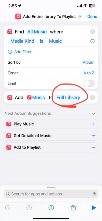 Use the Shortcuts app to add all Apple Music songs to a playlist for downloading