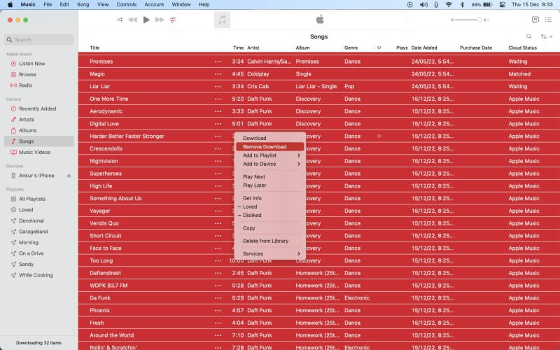 Remove Download from Apple Music on mac