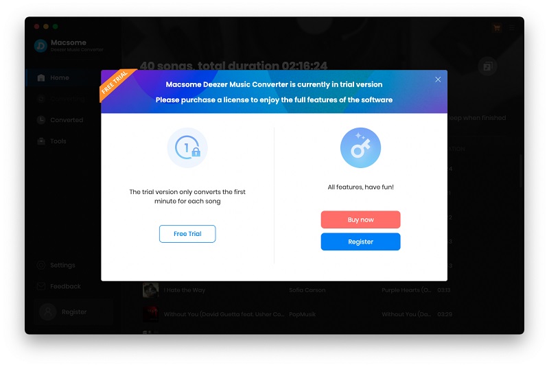 free trial version of Macsome Deezer Music Converter for Mac