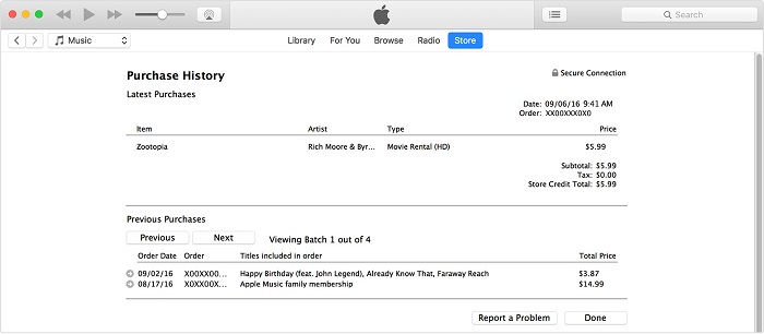 iTunes Account purchase history