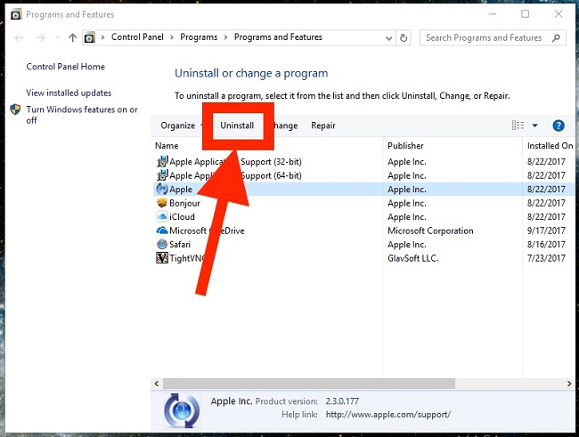 Uninstall iTunes in Windows to downgrade