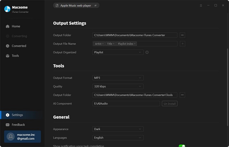 Tools settings parameters