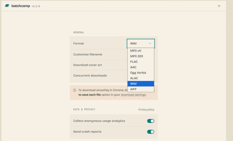set wav from the output format drop-down list
