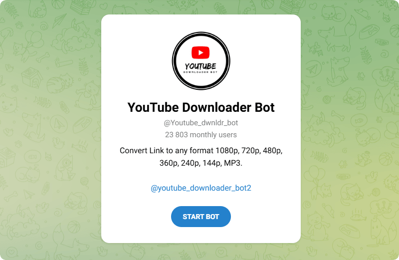 @Youtube_dwnldr_bot YouTube downloader Telegram bot