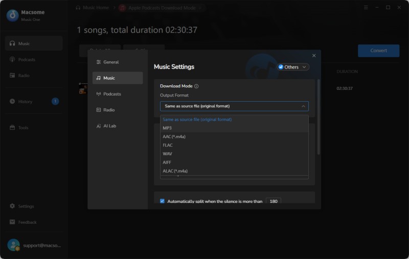 Set output format for Apple Podcasts