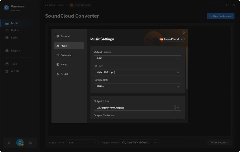 Convert SoundCloud to M4A with Macsome Music One