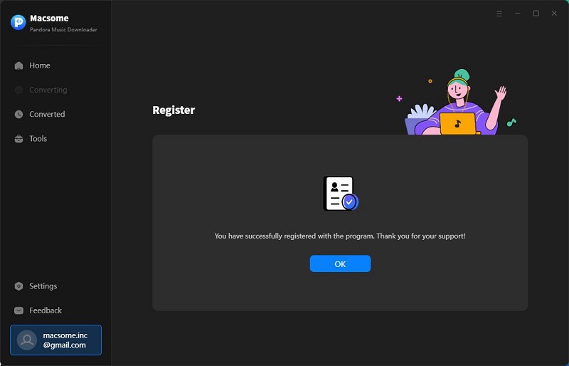 Register macsome pandora music downloader successfully