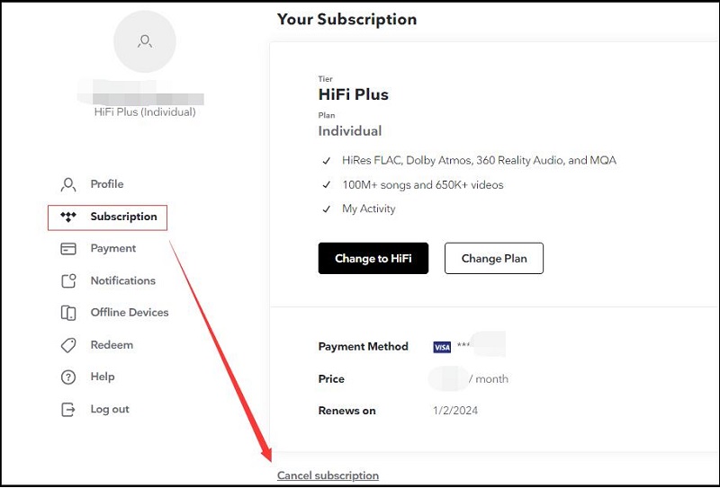 cancel your Tidal subscription online
