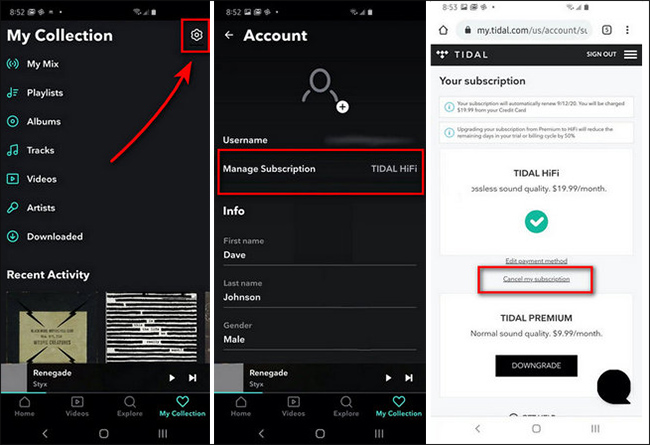 cancel a Tidal subscription on mobile devices
