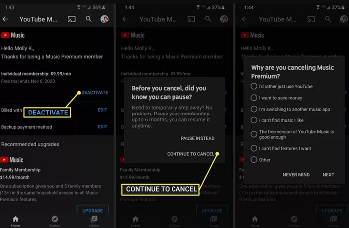 cancel YouTube Music subscription on android