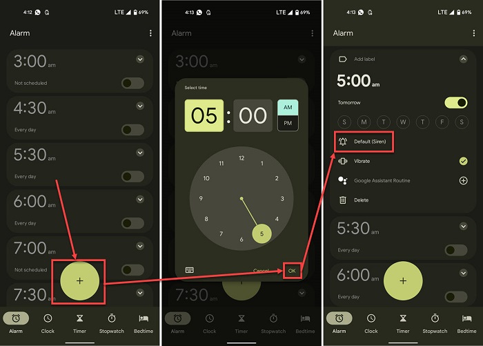 Set alarm on the Google Clock app