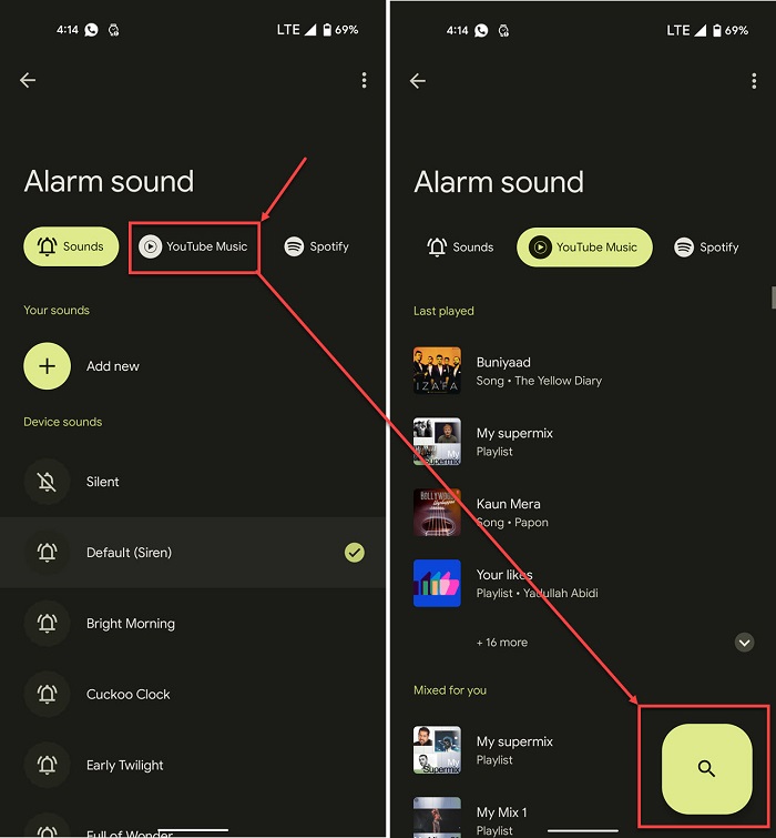 select YouTube Music songs as alarm